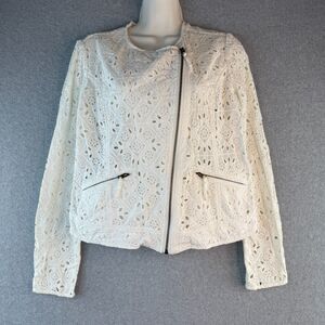 Lucky Brand Women's Livey White Eyelet Moto Jacket Boho Hippie Lightweight Sz M